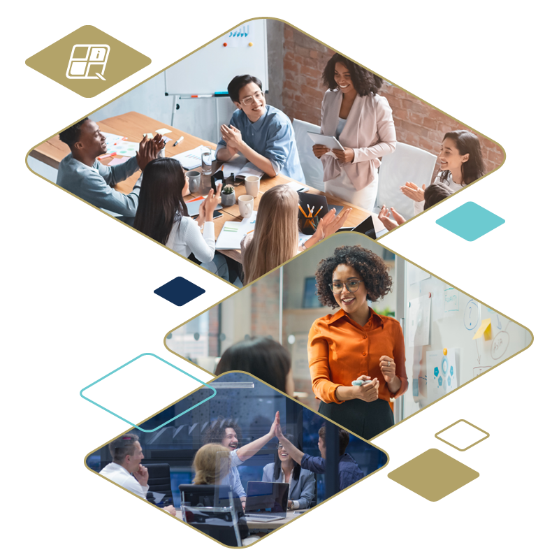 Collage of images including entrepreneurs in a boardroom, a presentation to investors, and entrepreneurs celebrating